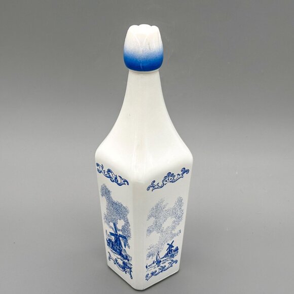 Vintage Vandermint Milk Glass Decanter Pair With Blue Windmill Design | Holland - Picture 4 of 8